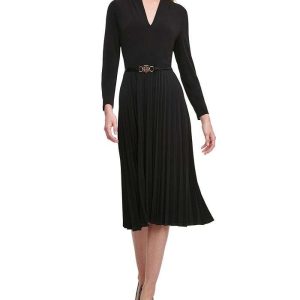 Belted Pleated Fit & Flare Dress