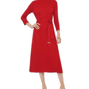 Ribbed-Knit Belted Sweater Dress